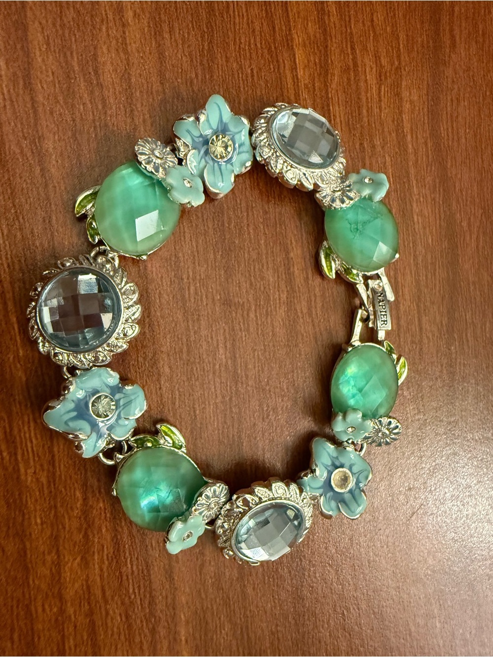 Napier Green Faceted Glass & Blue Enamel Flower Bracelet